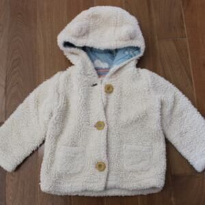 Baby Boden Hooded Sherpa Jacket Button Front Bear Ears Unisex 12-18 Month Cream